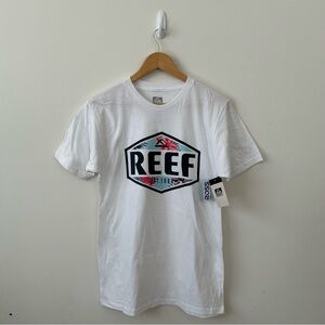 Reef Mens Graphic Short Sleeve Tee T Shirt White Medium Tropical Beach Blue NWT
